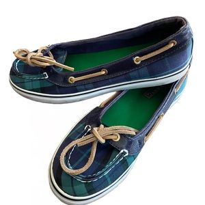 SPERRY Women's Top Sider Boat Shoes Blue & Green Plaid Sz 7.5 Deck Shoes